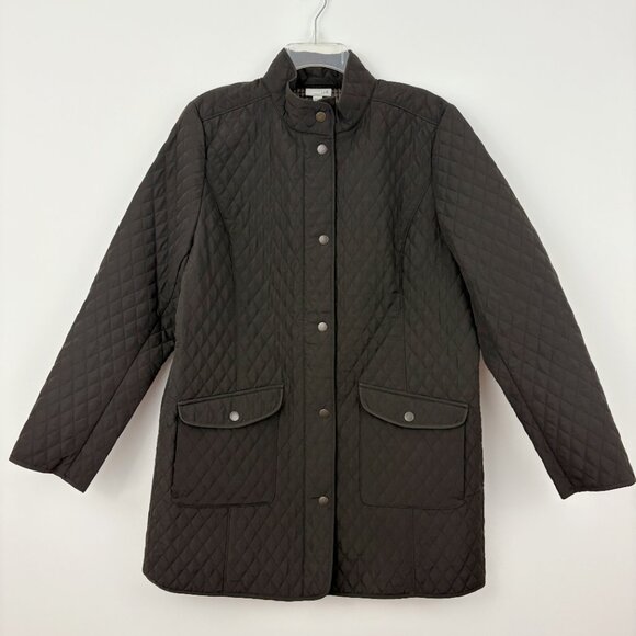 J. Jill Quilted Coat Size L Full Dual Zip Snap Closure Lightweight Dark Brown - Picture 1 of 11